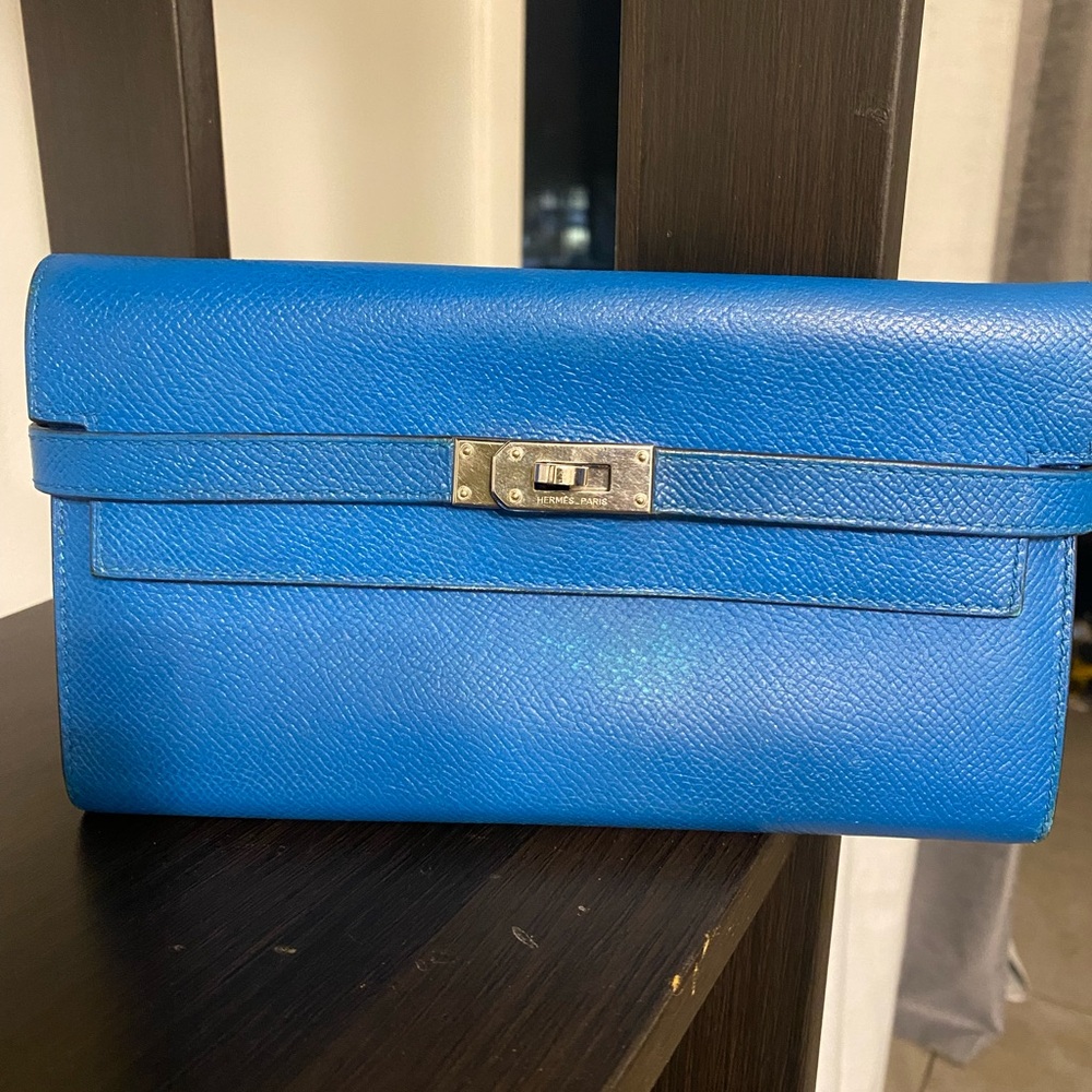 Authentic Hermes Kelly Blue Wallet with COA